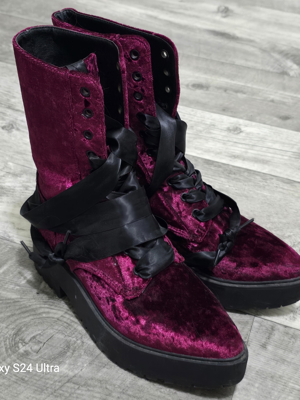 Dolls Kill Burgundy Velvet Lace-Up Platform Boots with Satin Laces - Picture 6 of 7